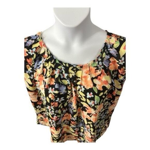 LC Lauren Conrad Women Pleat Neck Blouse Plus Size XXL Black Multicolor Floral - Picture 4 of 11